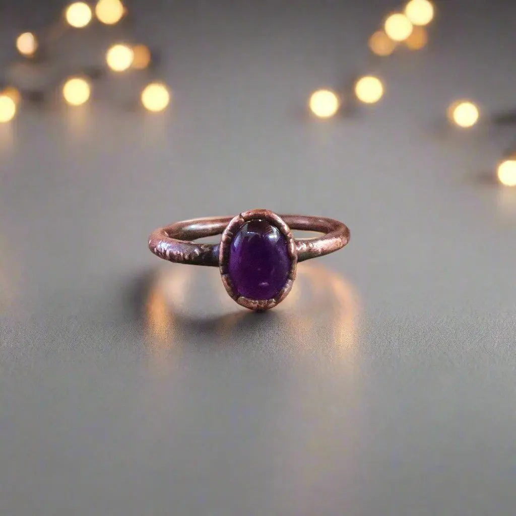 Amethyst Solitaire Ring In Electroformed Copper | Size 4.25, 6 | Electroformed Copper Jewelry, February Birthstone, Copper Ring, Boho Gift Blackbird & Sage Jewelry