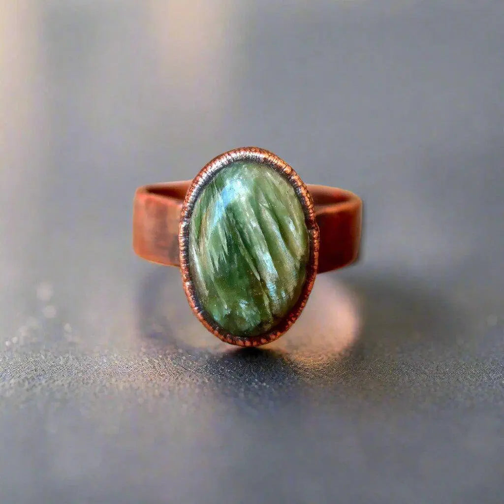 Seraphinite Crystal Statement Ring | Copper Boho Band | Boho Glam Seraphinite Ring | Copper Statement Jewelry | Handcrafted Crystal Ring Blackbird & Sage Jewelry