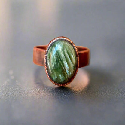 Seraphinite Crystal Statement Ring | Copper Boho Band | Boho Glam Seraphinite Ring | Copper Statement Jewelry | Handcrafted Crystal Ring Blackbird & Sage Jewelry