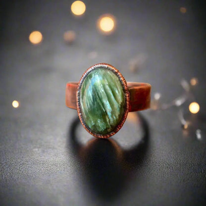 Seraphinite Crystal Statement Ring | Copper Boho Band | Boho Glam Seraphinite Ring | Copper Statement Jewelry | Handcrafted Crystal Ring Blackbird & Sage Jewelry