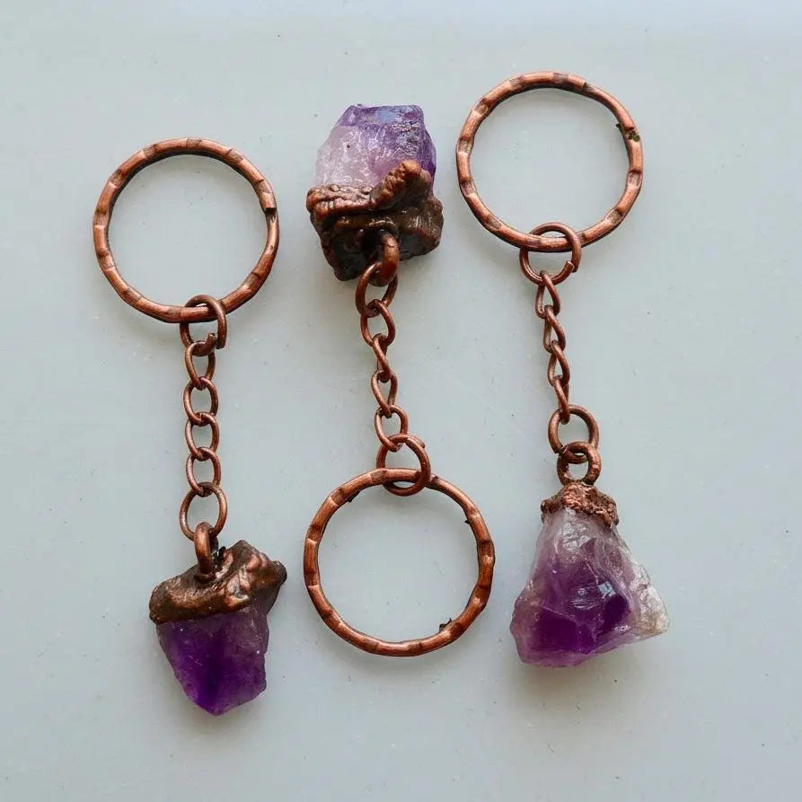 Raw Amethyst Crystal Copper Keychain for Healing Energy - Blackbird & Sage Jewelry