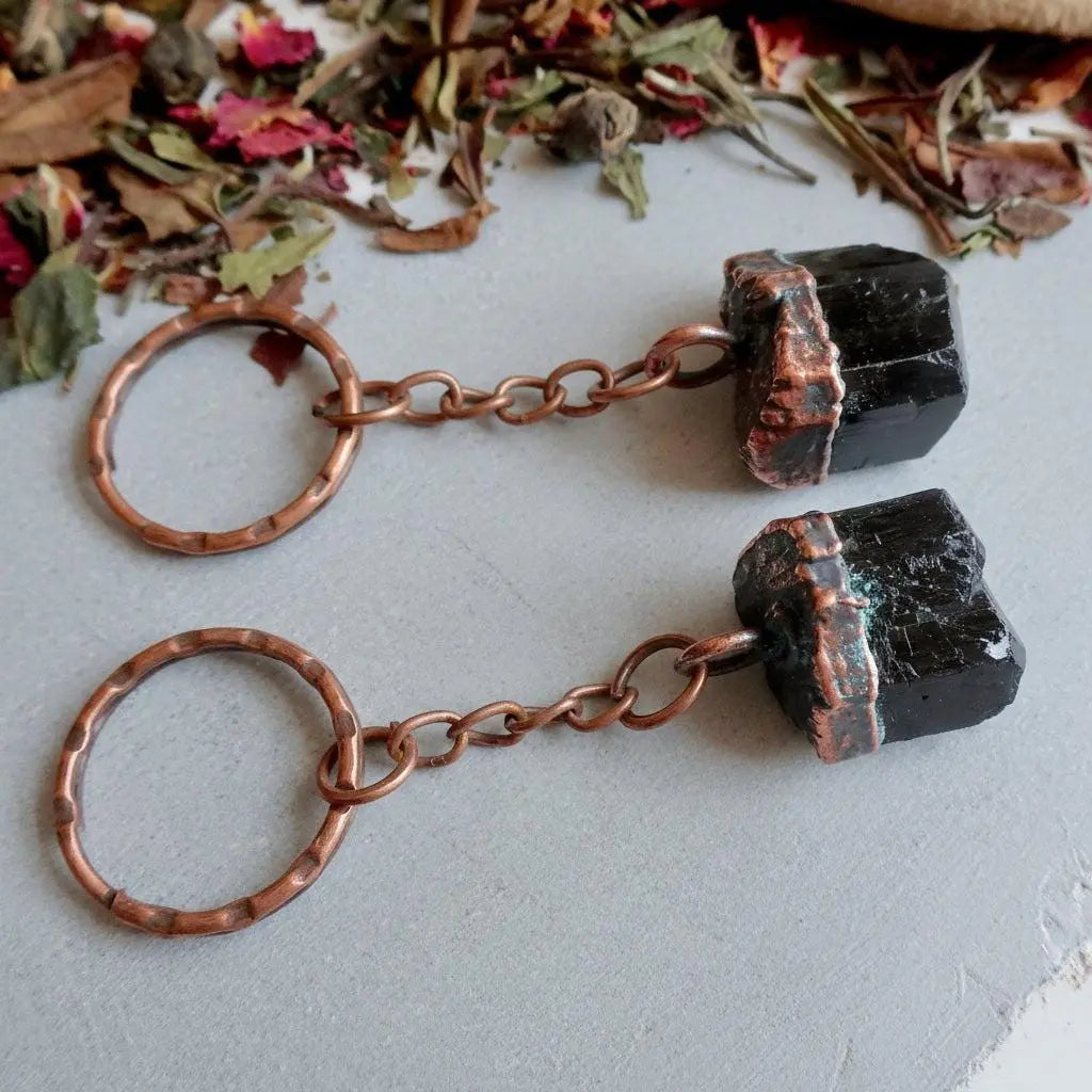Electroformed Raw Black Tourmaline Keychain for Protection - Blackbird & Sage Jewelry