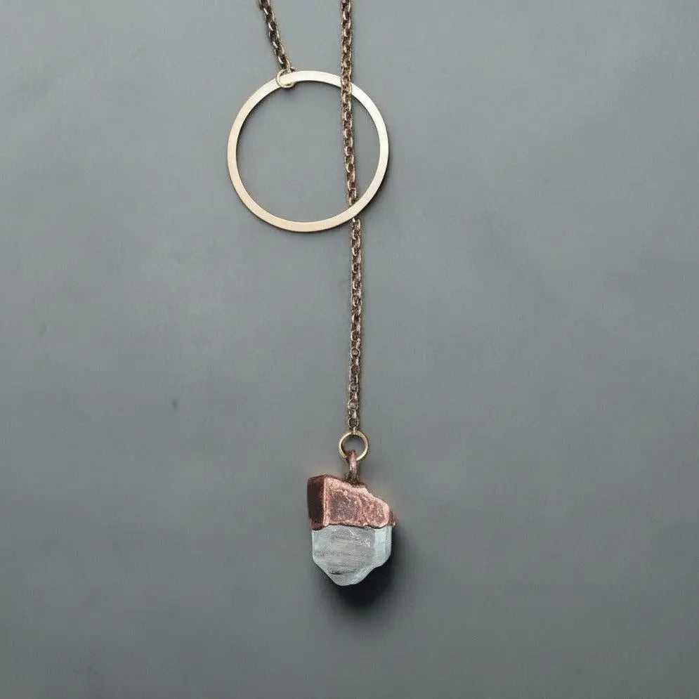 Raw Quartz Lariat Necklace: Electroformed Copper Boho Y Necklace - BlackbirdSageStudio