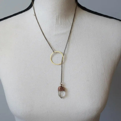 Raw Quartz Lariat Necklace: Electroformed Copper Boho Y Necklace - BlackbirdSageStudio