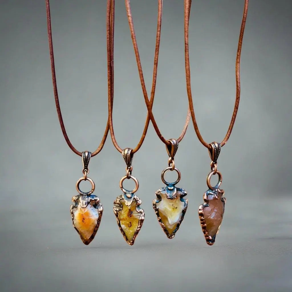 Carnelian Arrowhead Pendant: Copper Electroformed Leather Necklace - BlackbirdSageStudio