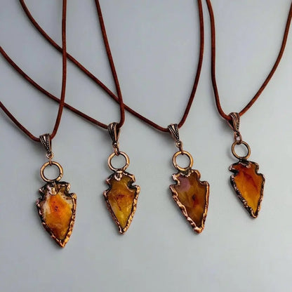 Carnelian Arrowhead Pendant: Copper Electroformed Leather Necklace - BlackbirdSageStudio