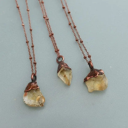 Raw Citrine Crystal Necklace, Electroformed Copper Pendant, 18in Chain - BlackbirdSageStudio