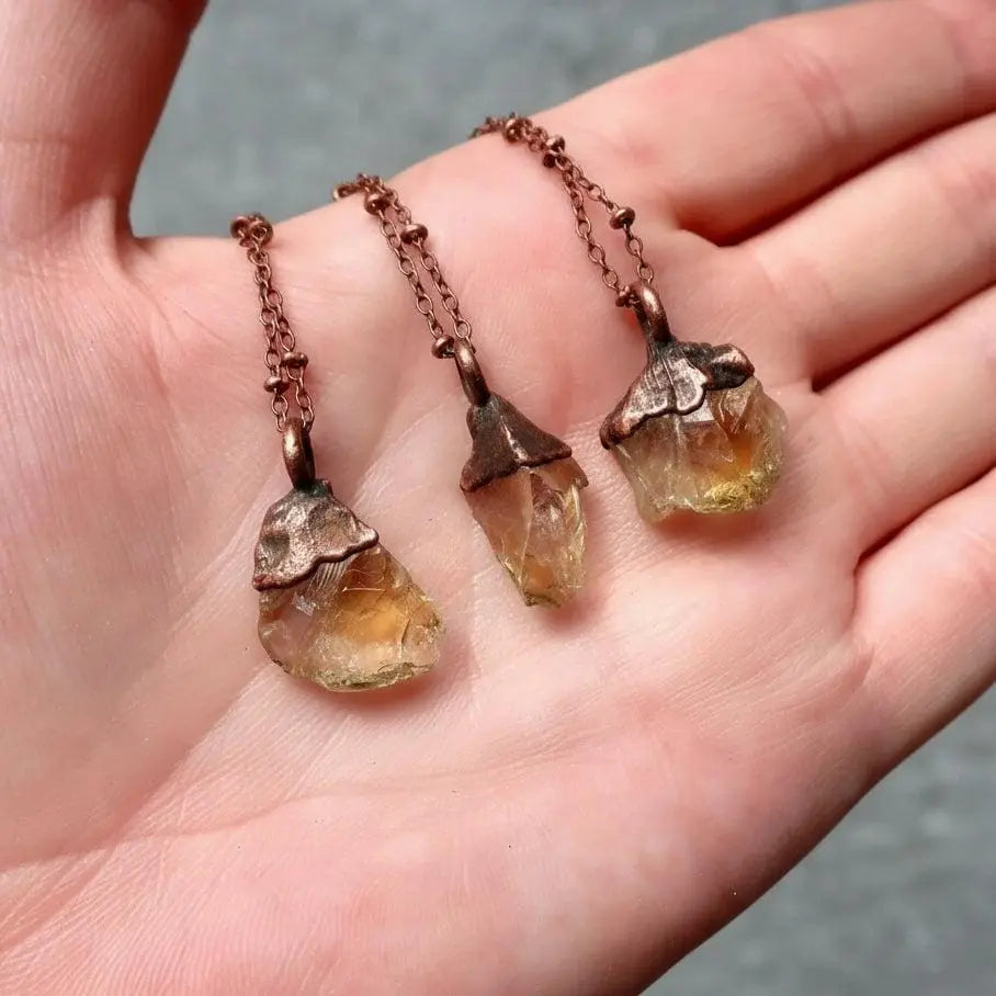 Raw Citrine Crystal Necklace, Electroformed Copper Pendant, 18in Chain - BlackbirdSageStudio