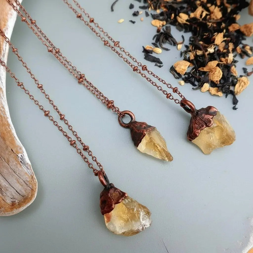 Raw Citrine Crystal Necklace, Electroformed Copper Pendant, 18in Chain - BlackbirdSageStudio