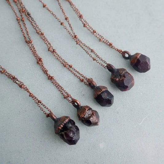 Raw Garnet Copper Necklace: Electroformed Crystal Pendant, January Birthstone - BlackbirdSageStudio