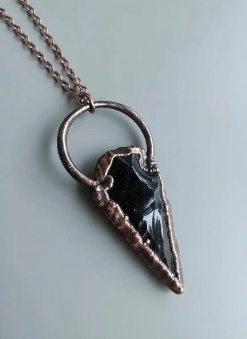 Electroformed Copper Obsidian Arrowhead Pendant Necklace - BlackbirdSageStudio