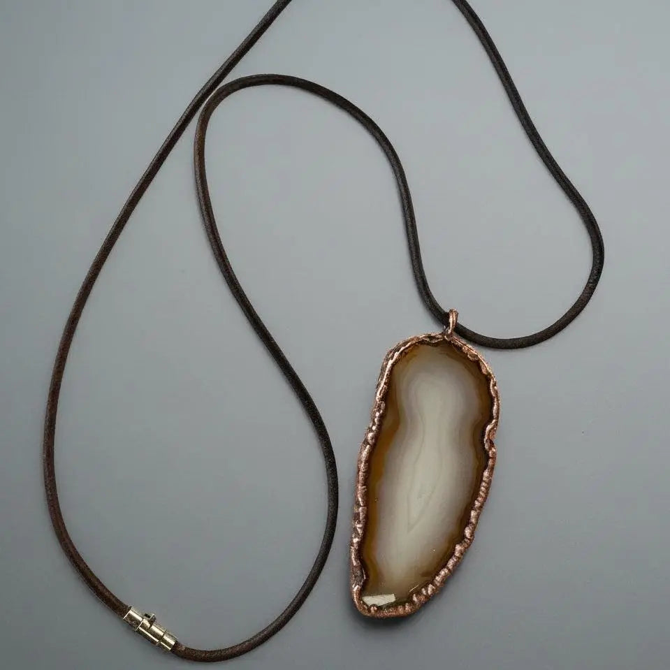 Red Agate Necklace: Electroformed Copper Pendant, Boho Leather Jewelry - BlackbirdSageStudio
