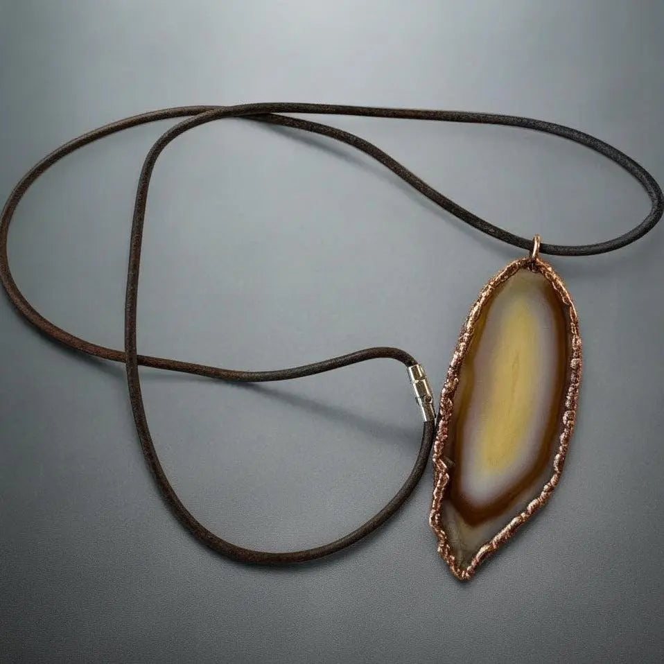 Red Agate Necklace: Electroformed Copper Pendant, Boho Leather Jewelry - BlackbirdSageStudio