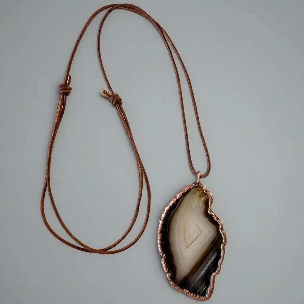 Electroformed Copper Blue Agate Slice Necklace: Handmade Boho Pendant - BlackbirdSageStudio