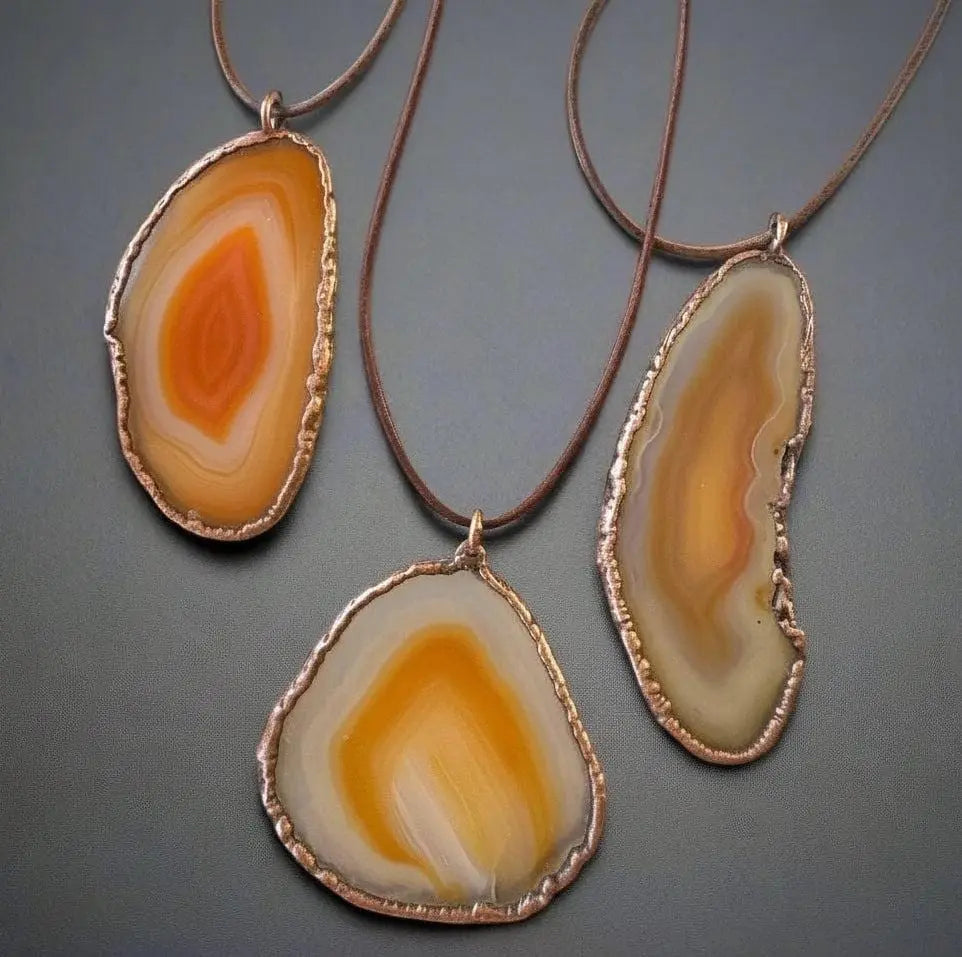 Red Agate Slice Necklace: Electroformed Copper Pendant, Leather Cord - BlackbirdSageStudio