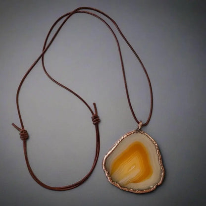 Red Agate Slice Necklace: Electroformed Copper Pendant, Leather Cord - BlackbirdSageStudio