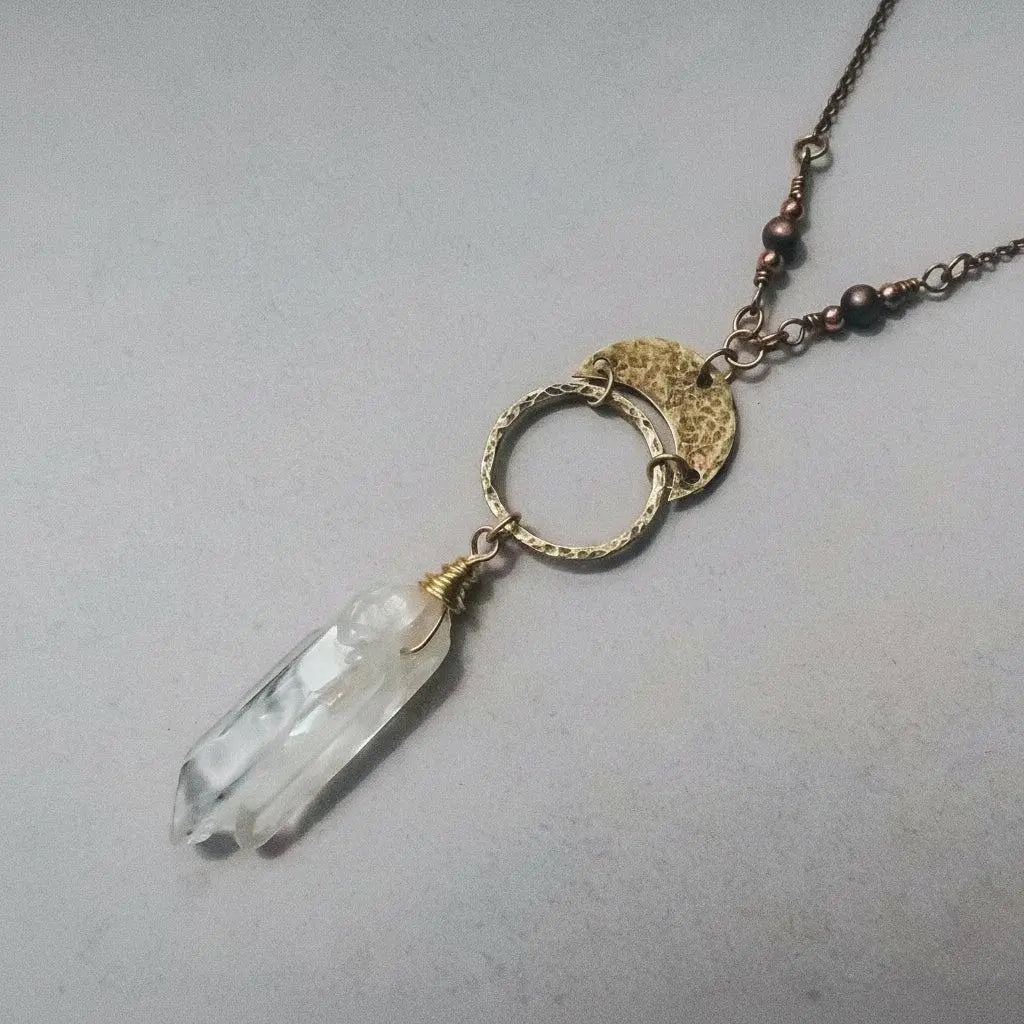Handmade Quartz Double Point Necklace: Brass Boho Talisman - BlackbirdSageStudio