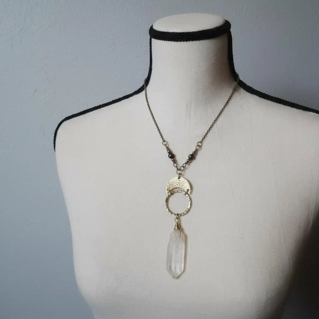 Handmade Quartz Double Point Necklace: Brass Boho Talisman - BlackbirdSageStudio