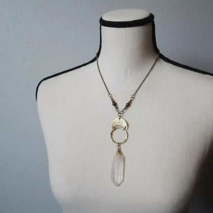 Handmade Quartz Double Point Necklace: Brass Boho Talisman - BlackbirdSageStudio