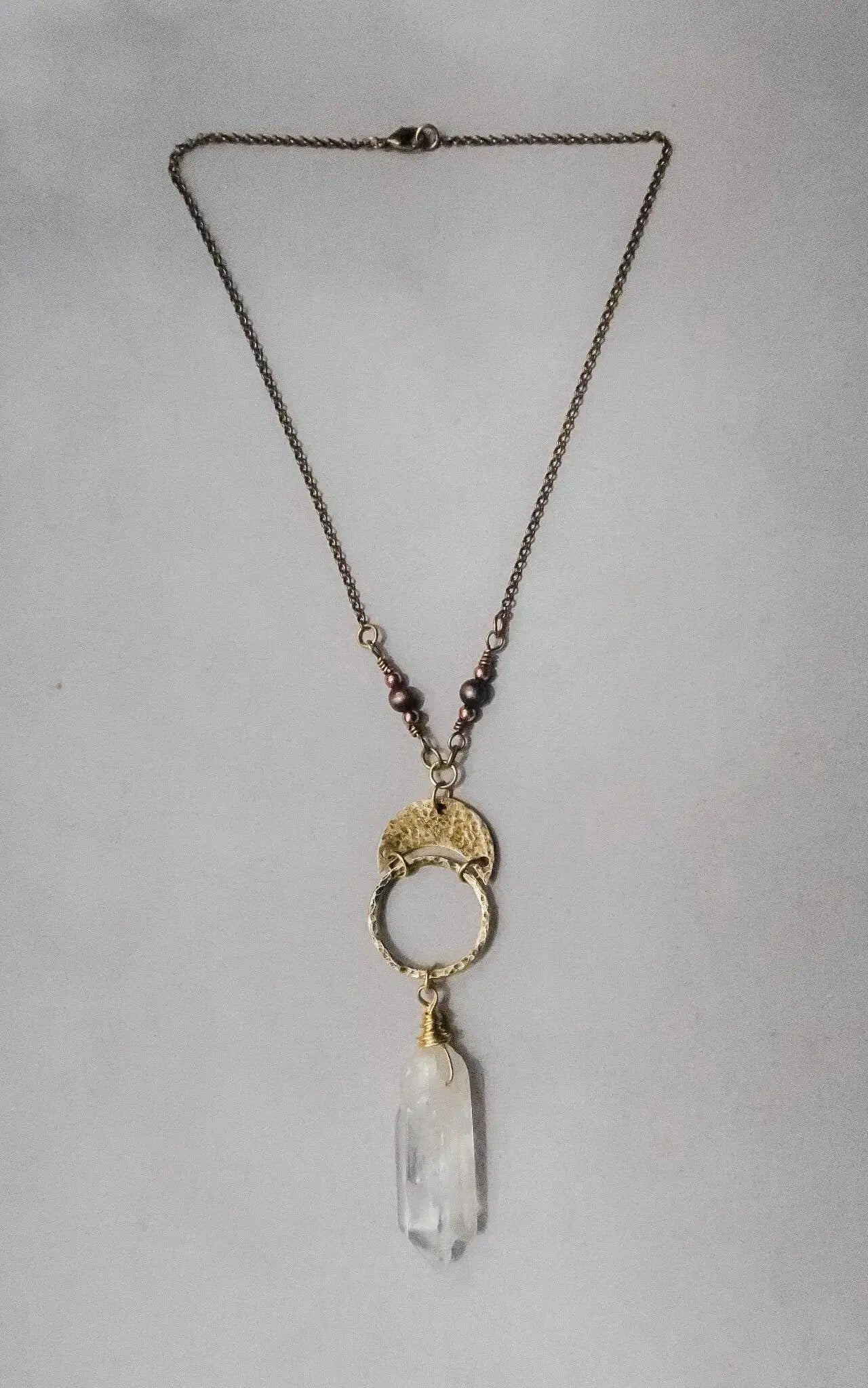 Handmade Quartz Double Point Necklace: Brass Boho Talisman - BlackbirdSageStudio
