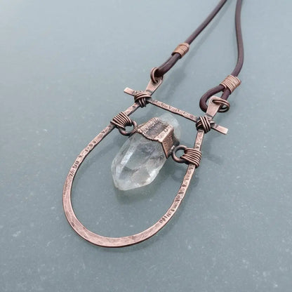 Quartz Talisman Necklace: Hand Hammered Copper Pendant, Leather Boho Necklace - BlackbirdSageStudio