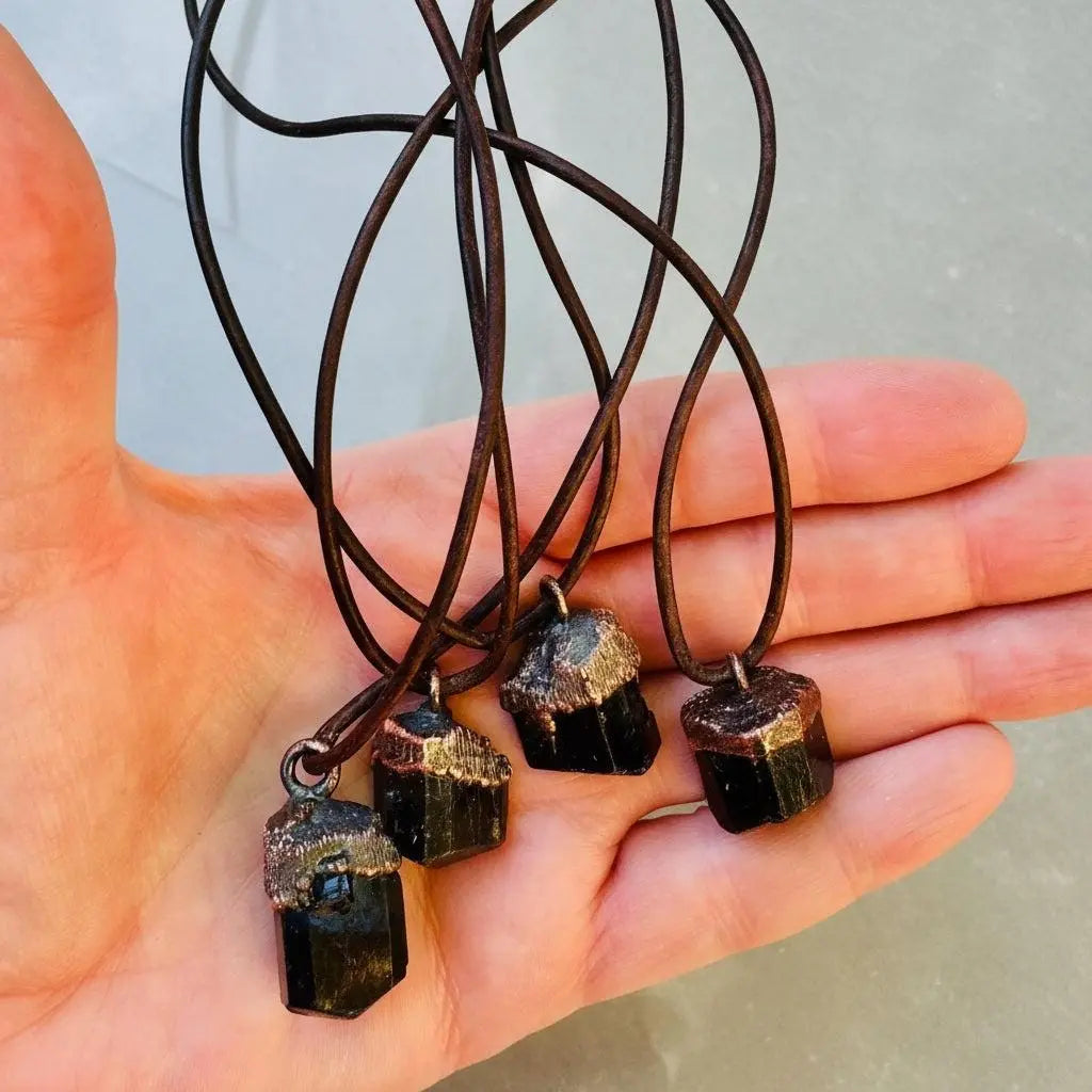Raw Black Tourmaline Necklace: Copper Electroformed Leather Pendant - BlackbirdSageStudio