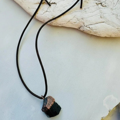 Raw Black Tourmaline Necklace: Copper Electroformed Leather Pendant - BlackbirdSageStudio