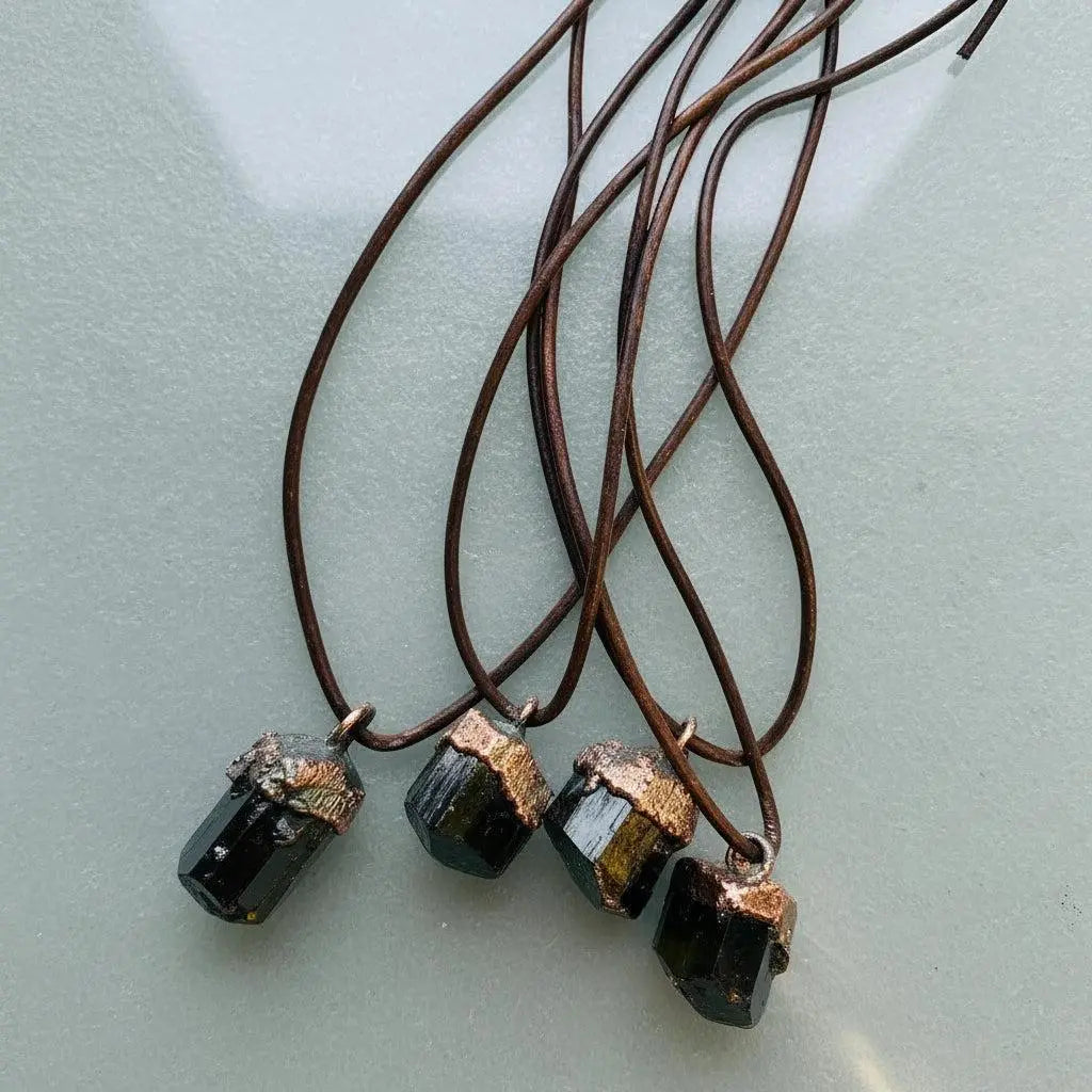 Raw Black Tourmaline Necklace: Copper Electroformed Leather Pendant - BlackbirdSageStudio