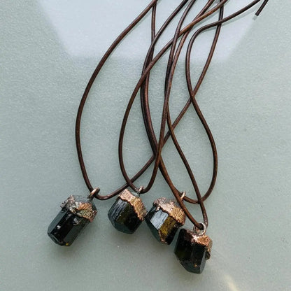 Raw Black Tourmaline Necklace: Copper Electroformed Leather Pendant - BlackbirdSageStudio