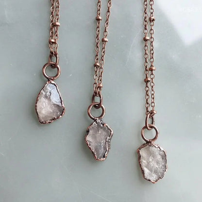 Dainty Raw Rose Quartz Necklace, Antique Copper Pendant, Bohemian Jewelry - BlackbirdSageStudio