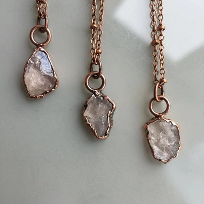 Dainty Raw Rose Quartz Necklace, Antique Copper Pendant, Bohemian Jewelry - BlackbirdSageStudio