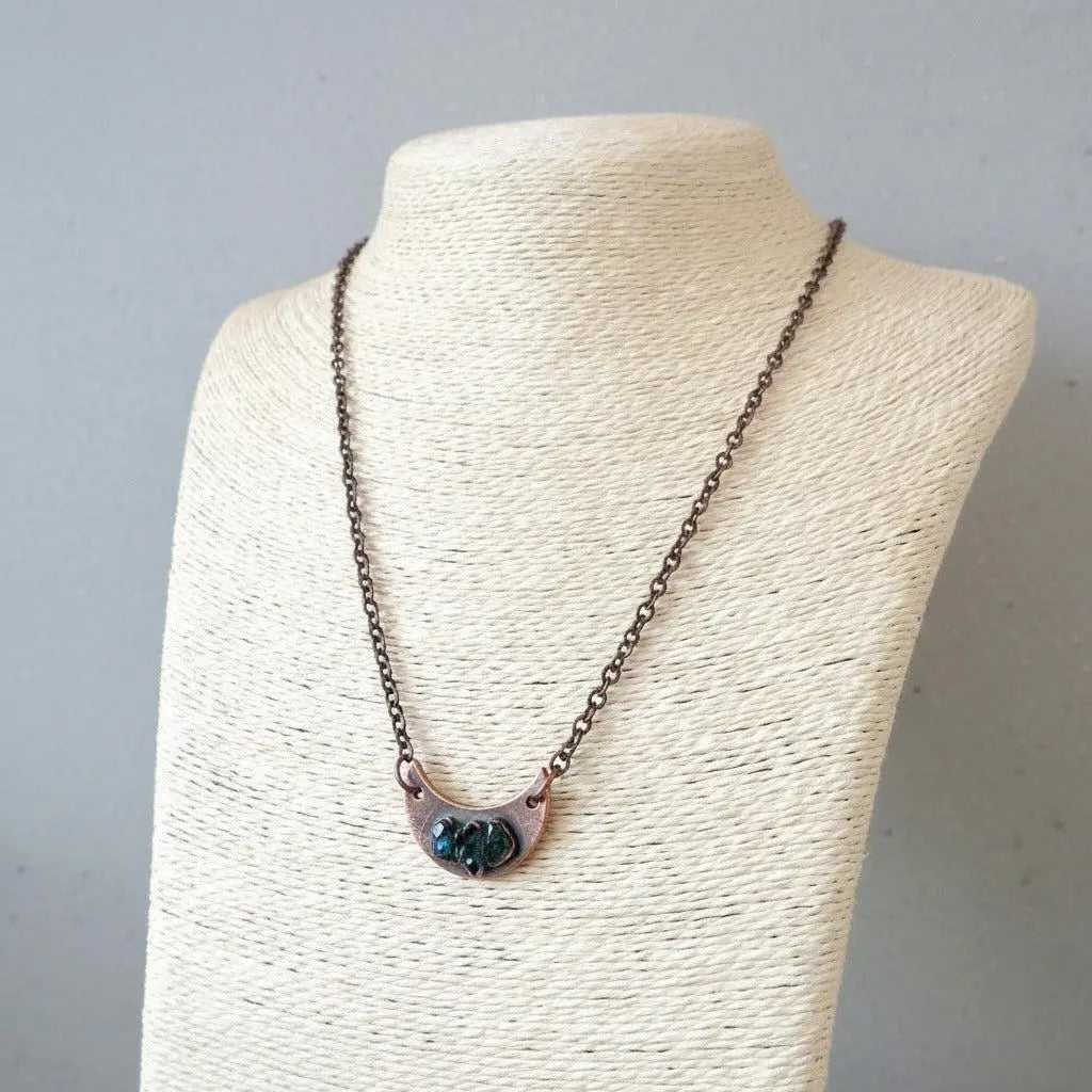 Electroformed Copper Black Tourmaline Crescent Moon Necklace - BlackbirdSageStudio