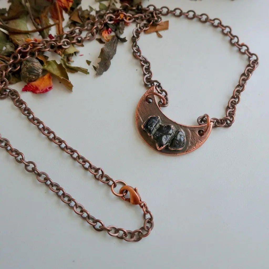 Electroformed Copper Black Tourmaline Crescent Moon Necklace - BlackbirdSageStudio