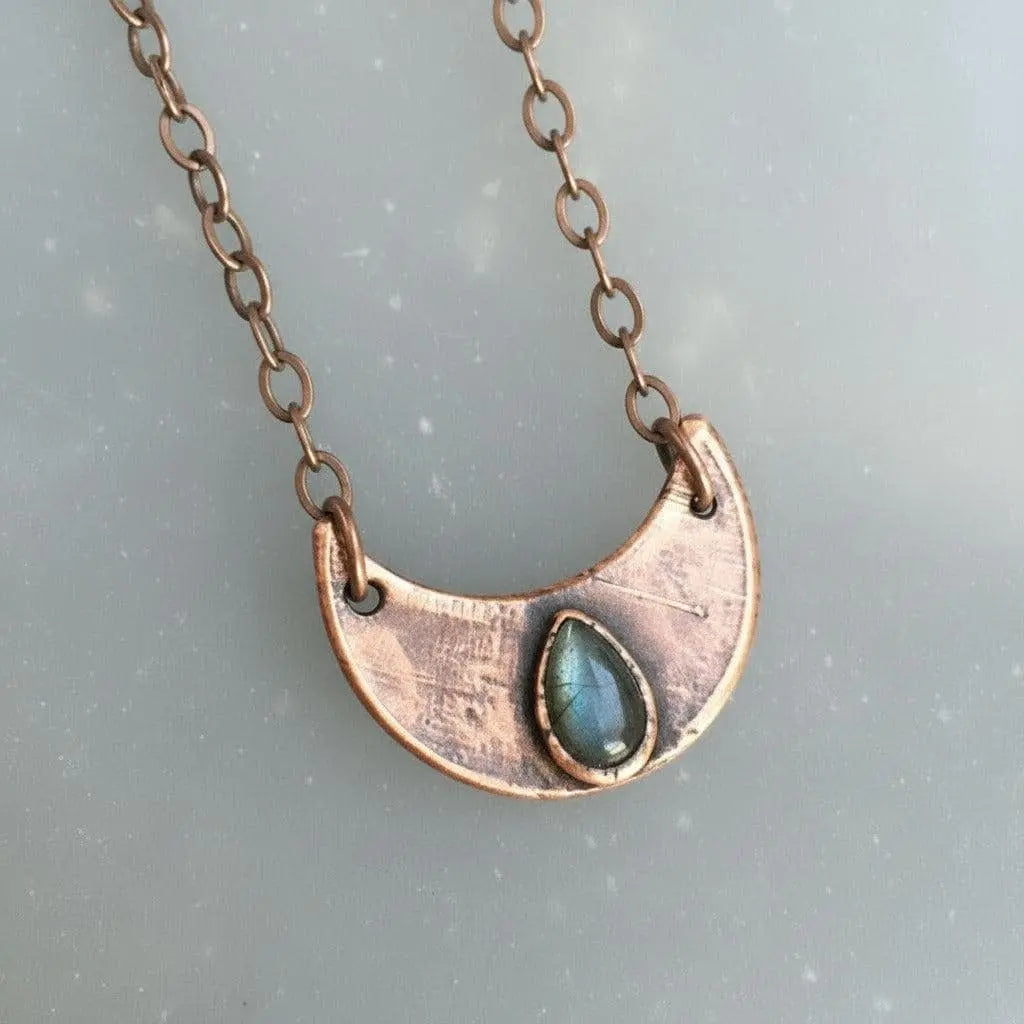 Electroformed Labradorite Crescent Moon Pendant Necklace, Copper Jewelry - BlackbirdSageStudio