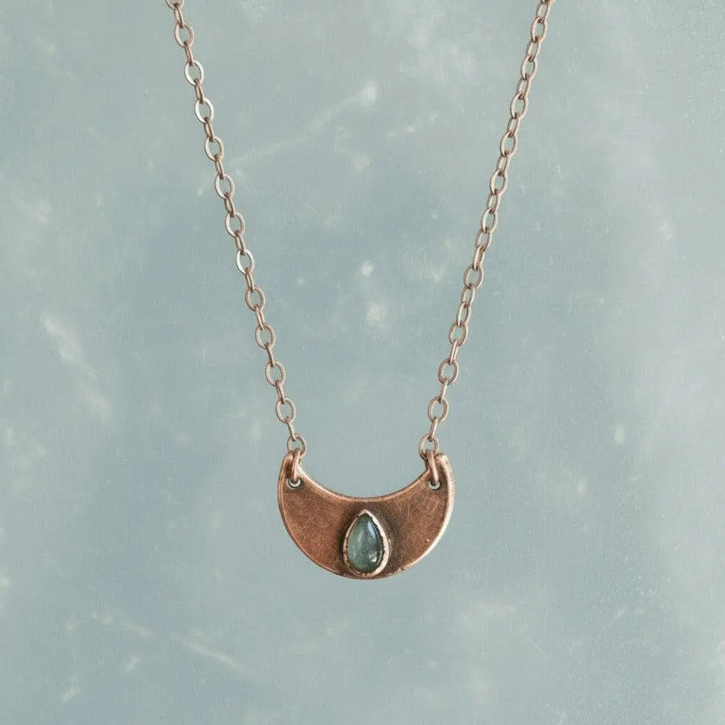 Electroformed Labradorite Crescent Moon Pendant Necklace, Copper Jewelry - BlackbirdSageStudio