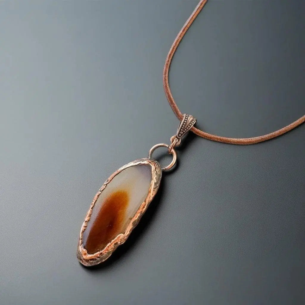 Electroformed Copper Agate Slice Pendant Necklace: Boho Leather Jewelry - BlackbirdSageStudio
