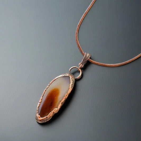 Electroformed Copper Agate Slice Pendant Necklace: Boho Leather Jewelry - BlackbirdSageStudio