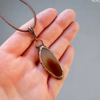 Electroformed Copper Agate Slice Pendant Necklace: Boho Leather Jewelry - BlackbirdSageStudio
