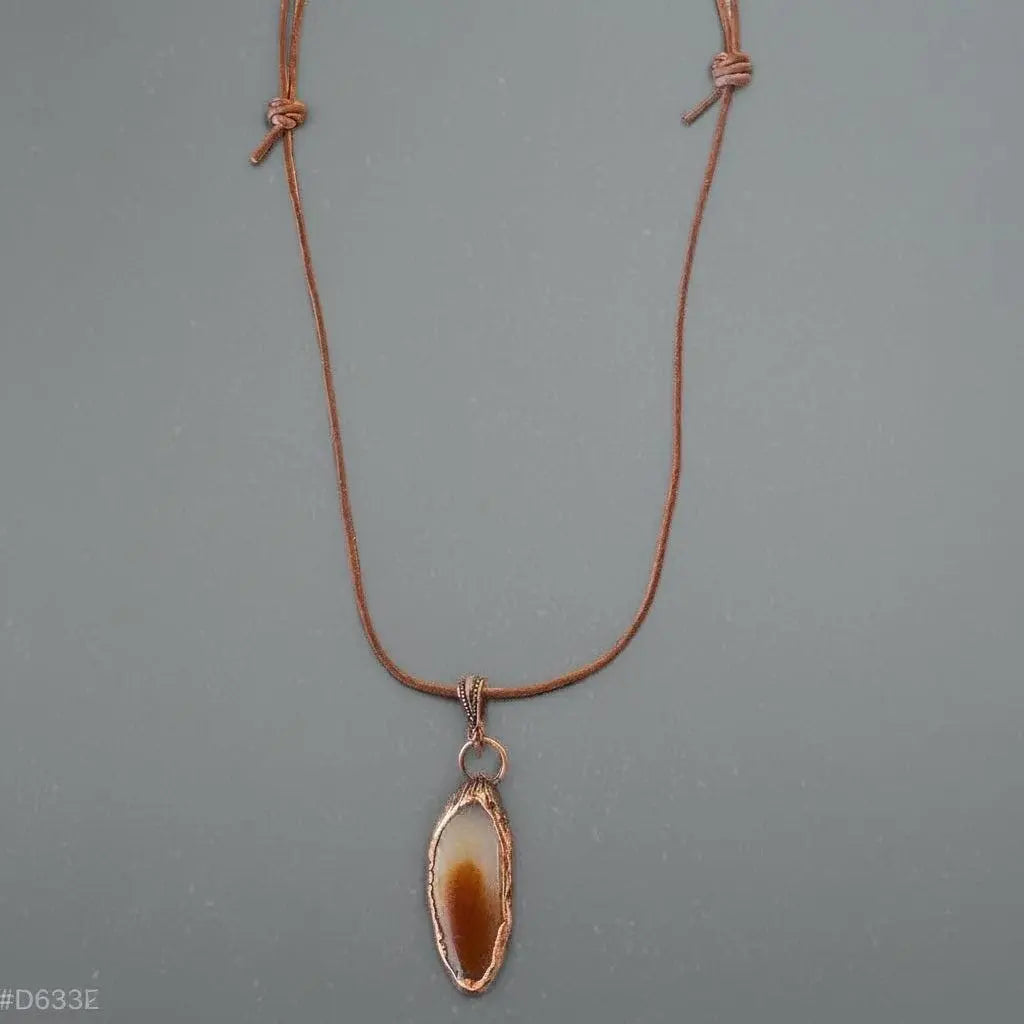Electroformed Copper Agate Slice Pendant Necklace: Boho Leather Jewelry - BlackbirdSageStudio