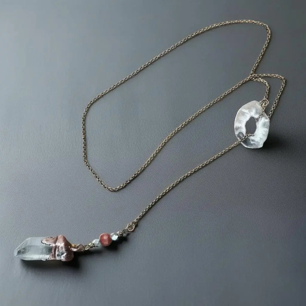 Raw Quartz Lariat Necklace: Copper Electroformed Crystal, Boho Gemstone Jewelry - BlackbirdSageStudio