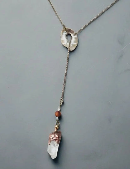 Raw Quartz Lariat Necklace: Copper Electroformed Crystal, Boho Gemstone Jewelry - BlackbirdSageStudio