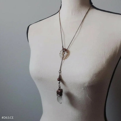 Raw Quartz Lariat Necklace: Copper Electroformed Crystal, Boho Gemstone Jewelry - BlackbirdSageStudio