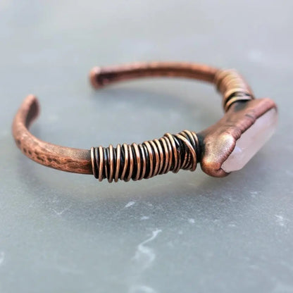 Electroformed Copper Quartz Bracelet: Bronze Wire Wrapped Bangle - BlackbirdSageStudio