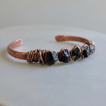 Raw Black Tourmaline Copper Cuff Bracelet: Electroformed Stone Bangle - BlackbirdSageStudio