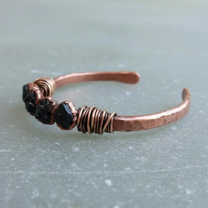 Raw Black Tourmaline Copper Cuff Bracelet: Electroformed Stone Bangle - BlackbirdSageStudio