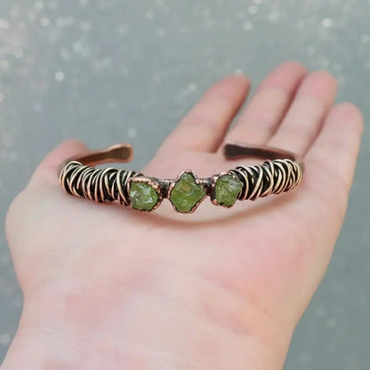 Raw Peridot Copper Cuff Bracelet: Electroformed Bronze Wire Wrapped Bangle - BlackbirdSageStudio