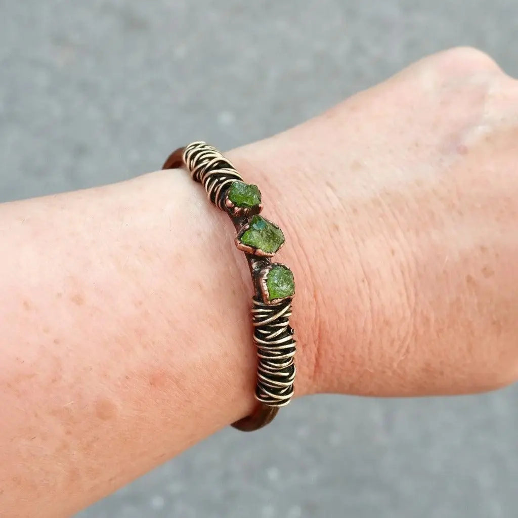 Raw Peridot Copper Cuff Bracelet: Electroformed Bronze Wire Wrapped Bangle - BlackbirdSageStudio