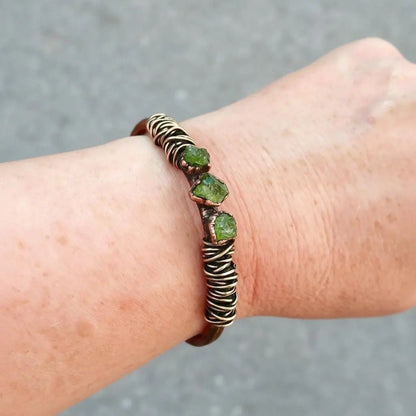 Raw Peridot Copper Cuff Bracelet: Electroformed Bronze Wire Wrapped Bangle - BlackbirdSageStudio