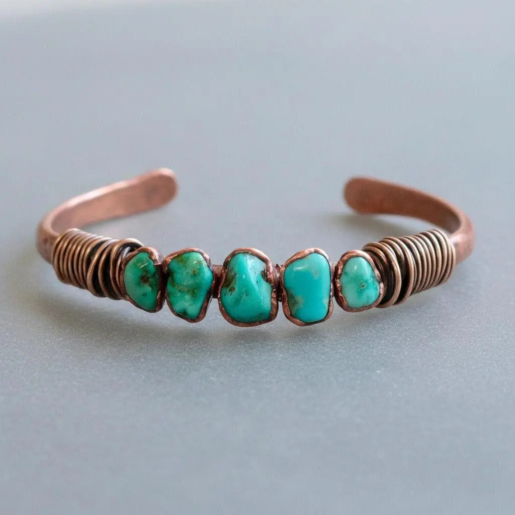 Raw Turquoise Copper Cuff Bracelet: Sonoran Stone, Electroformed Bohemian Bangle - BlackbirdSageStudio