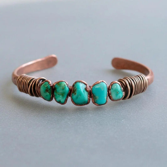 Raw Turquoise Copper Cuff Bracelet: Sonoran Stone, Electroformed Bohemian Bangle - BlackbirdSageStudio